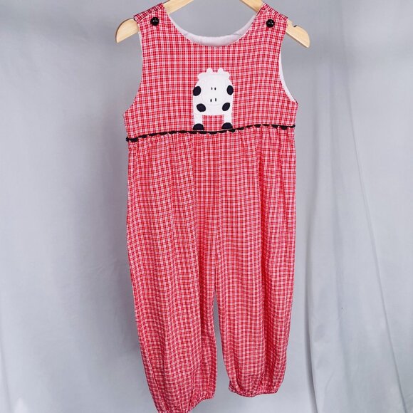Vintage Funtasia Red Gingham Cow Appliqué Longalls Romper Outfit 3T - Picture 3 of 13